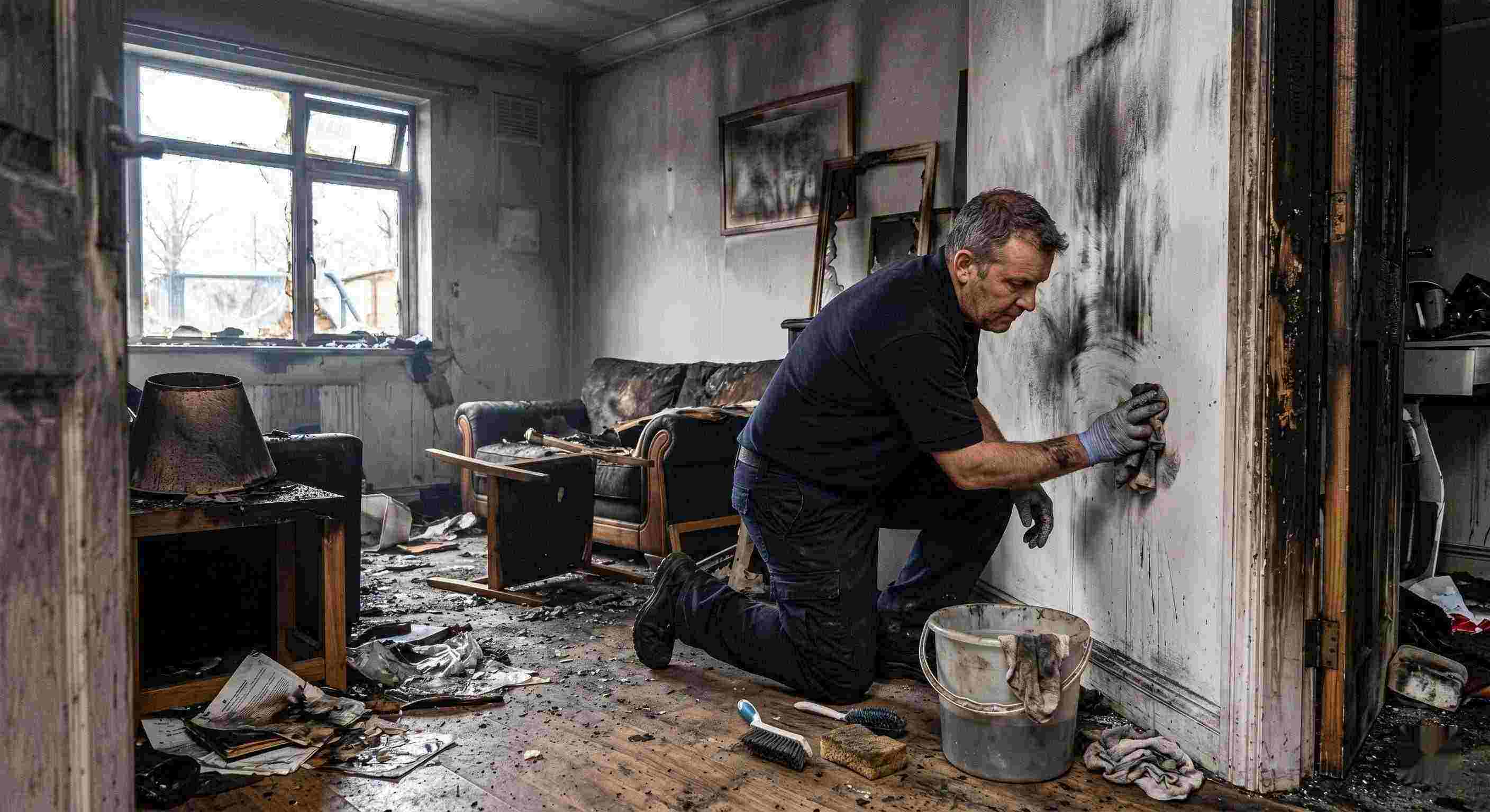 Fast technician performing soot removal in a fire-damaged home in Kettering, restoring smoke-damaged walls and surfaces.