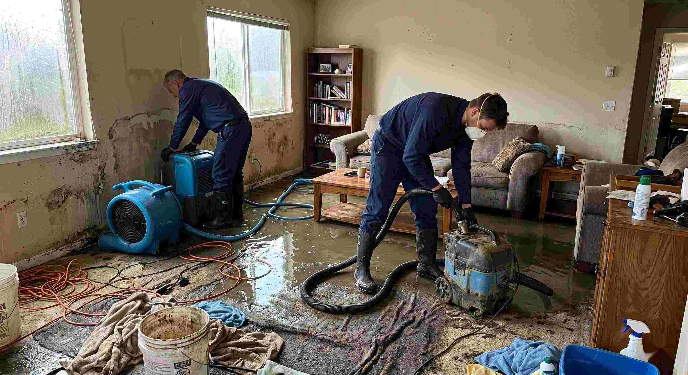Trusted storm water damage cleanup in a residential home showing technicians removing standing water and setting up drying equipment in Kettering.