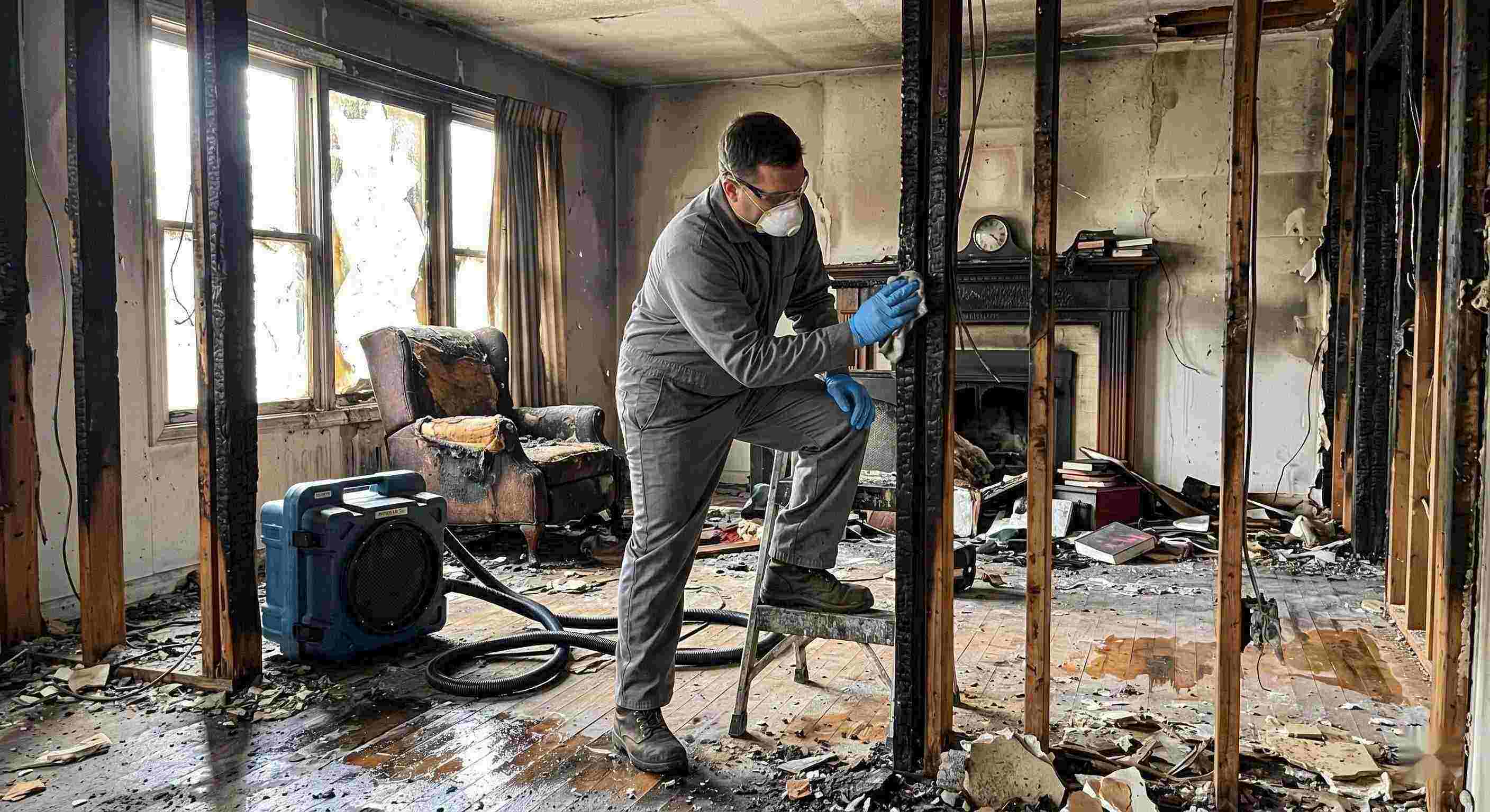 Fast fire damage structural cleaning after a residential fire in Kettering showing soot-covered beams, charred walls, and a technician restoring the home.