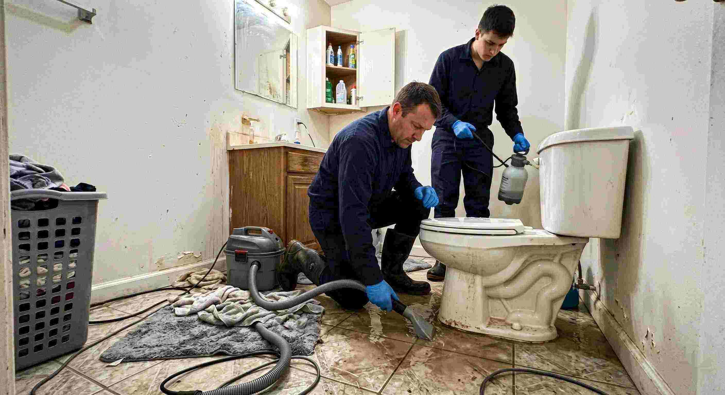 toilet overflow cleanup service in Cincinnati with technicians extracting contaminated water from bathroom floor