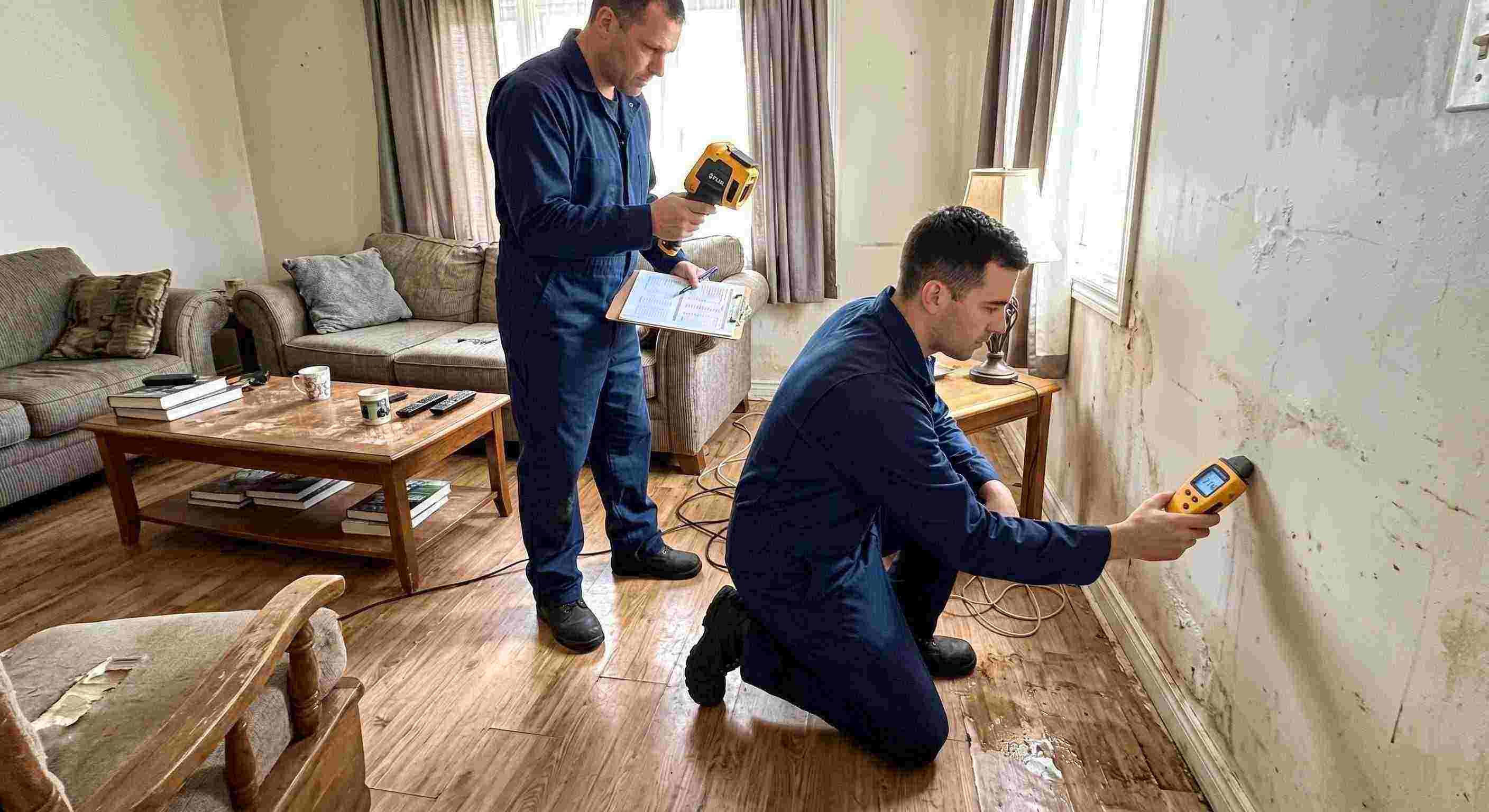 Trusted water damage inspection technician using moisture meter and thermal imaging in Fairfield home