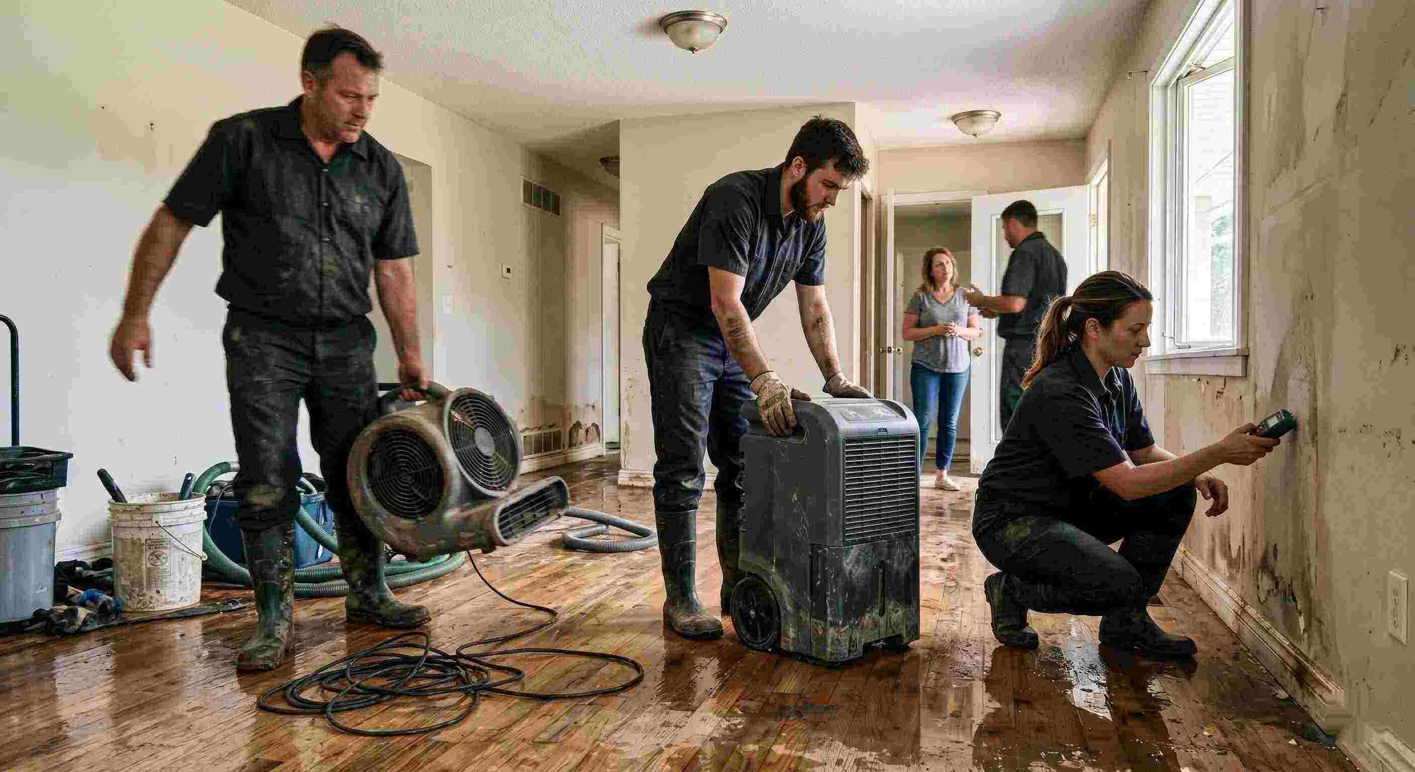 Expert trusted water damage restoration team in Fairfield using professional equipment for drying and inspection