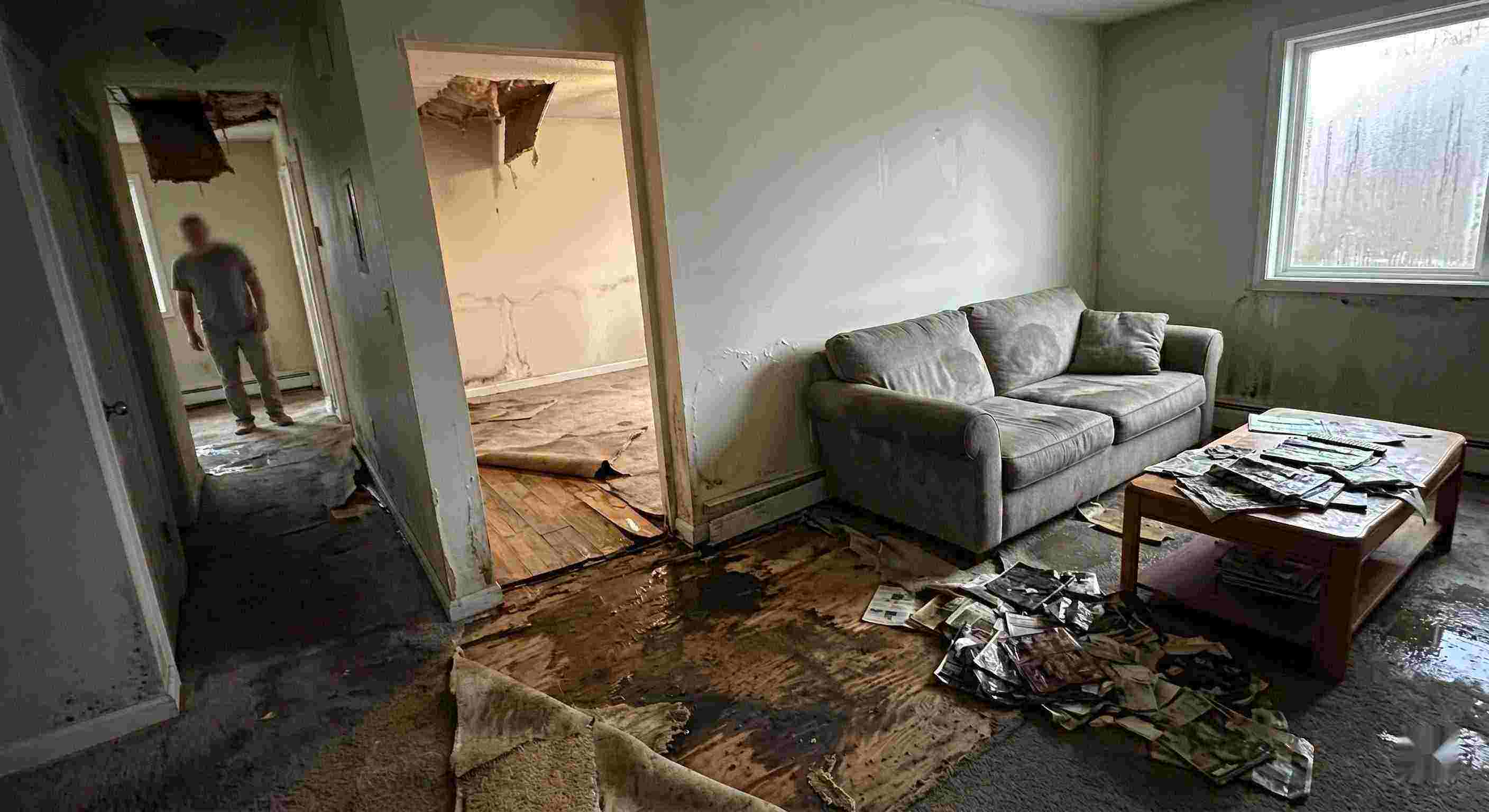 Best severe indoor water damage in Fairfield home with soaked floors, peeling walls, and structural deterioration