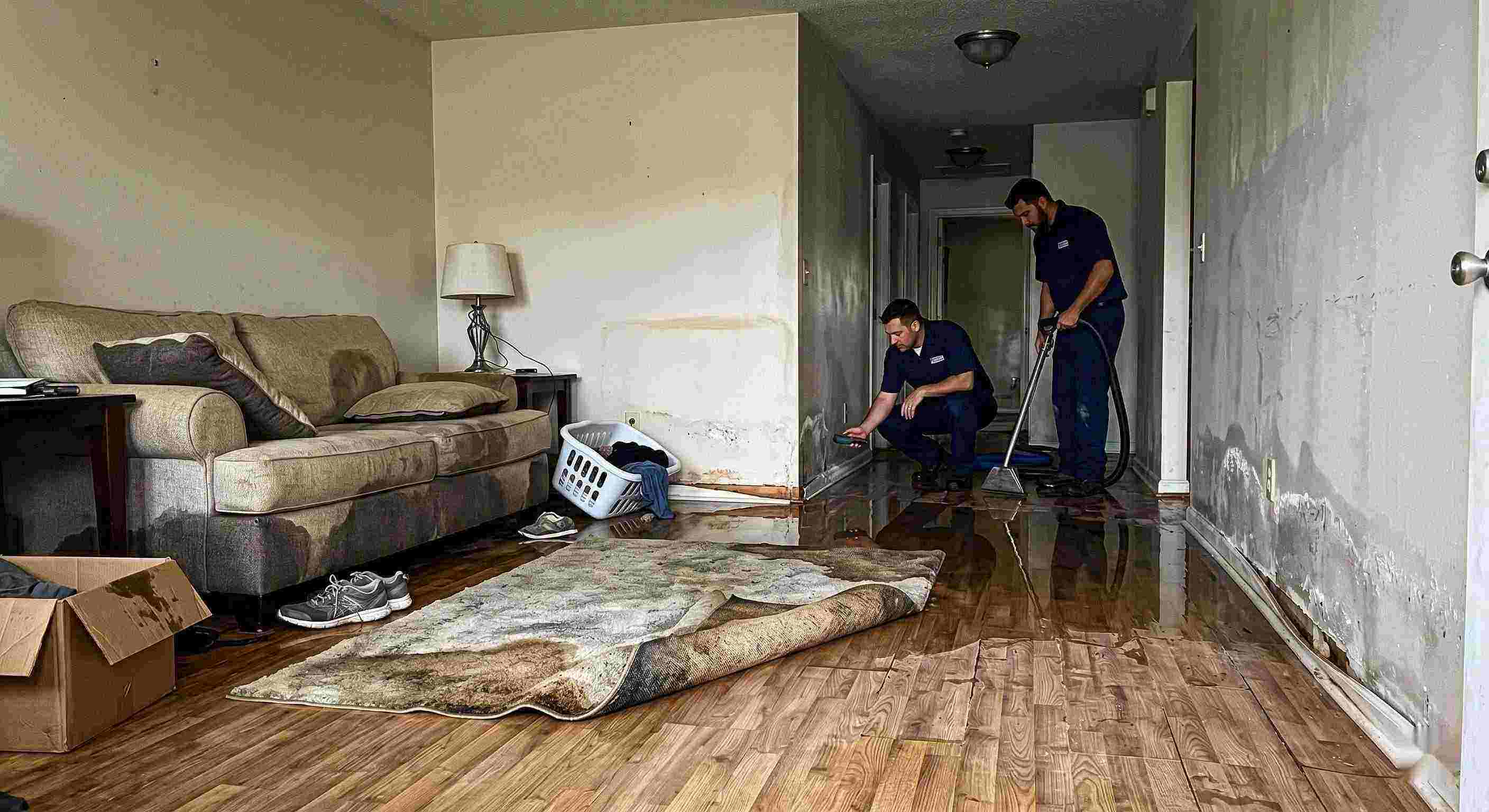 Expert water damage spreading across floors and walls inside a home in Fairfield showing soaked flooring and structural impact