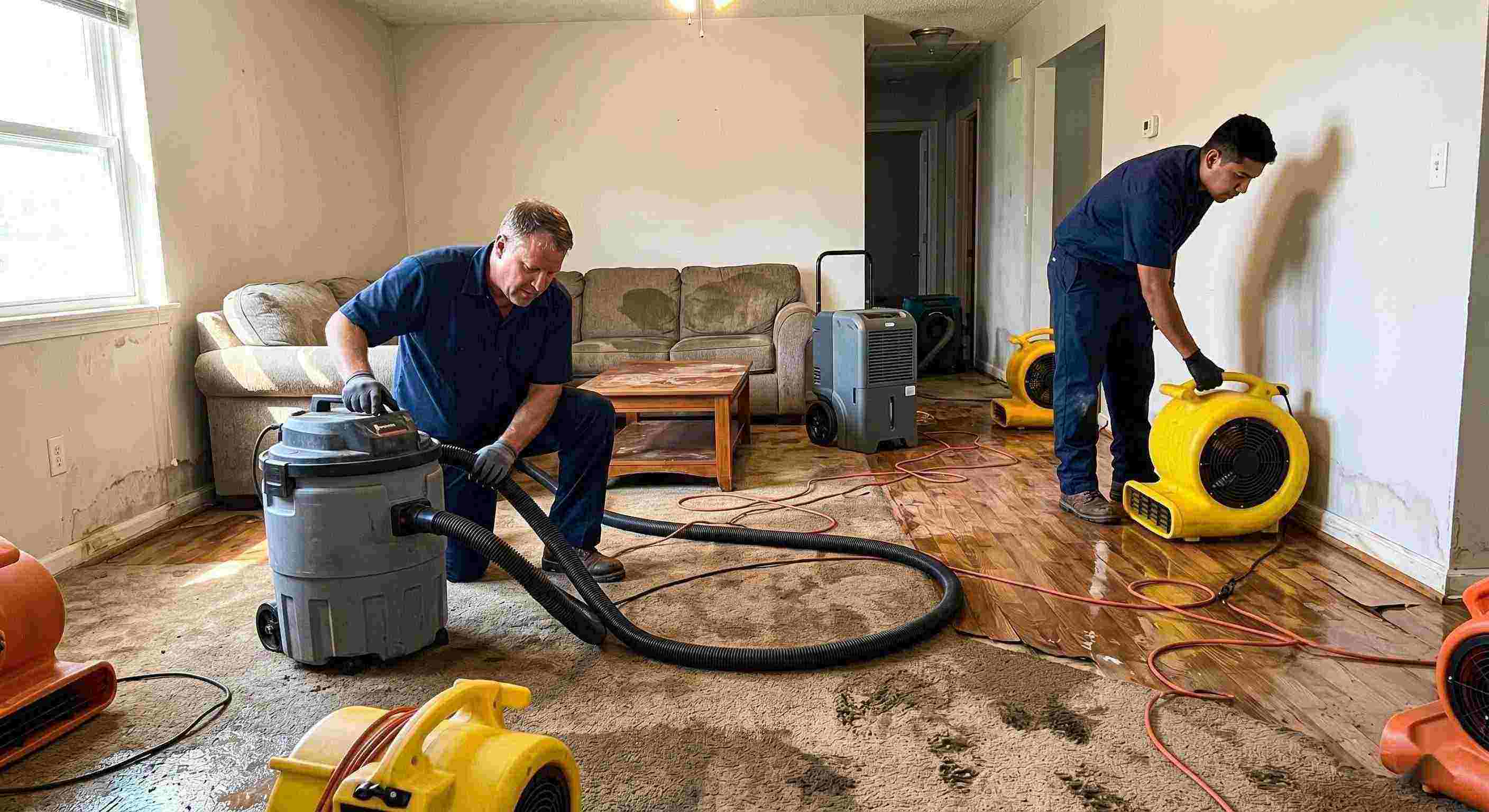 Local water extraction and drying service in Fairfield removing standing water and moisture from flooded home interior