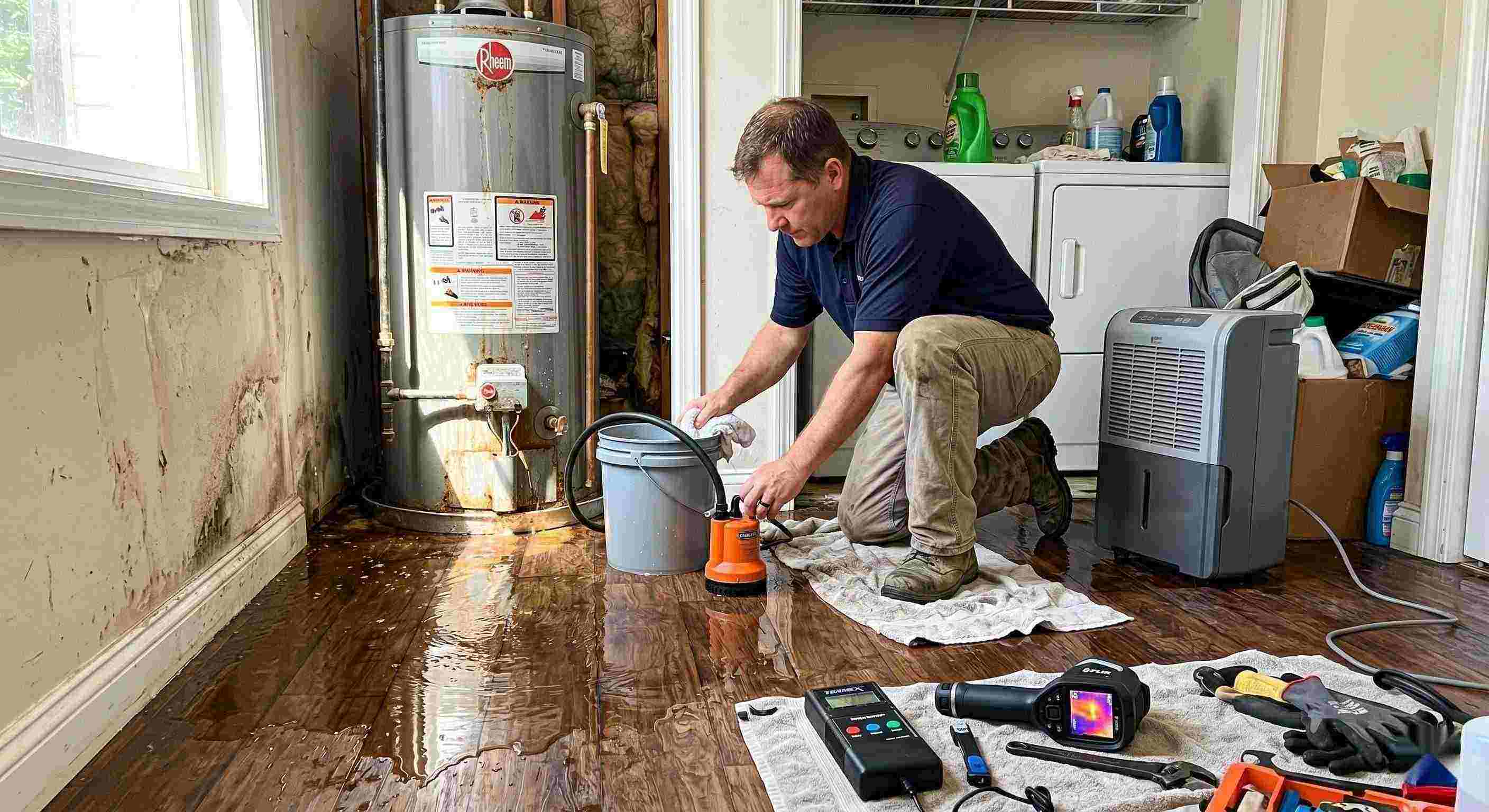 Technician performing water heater leak damage restoration in a home with water pooled on the floor and visible moisture damage in Cincinnati