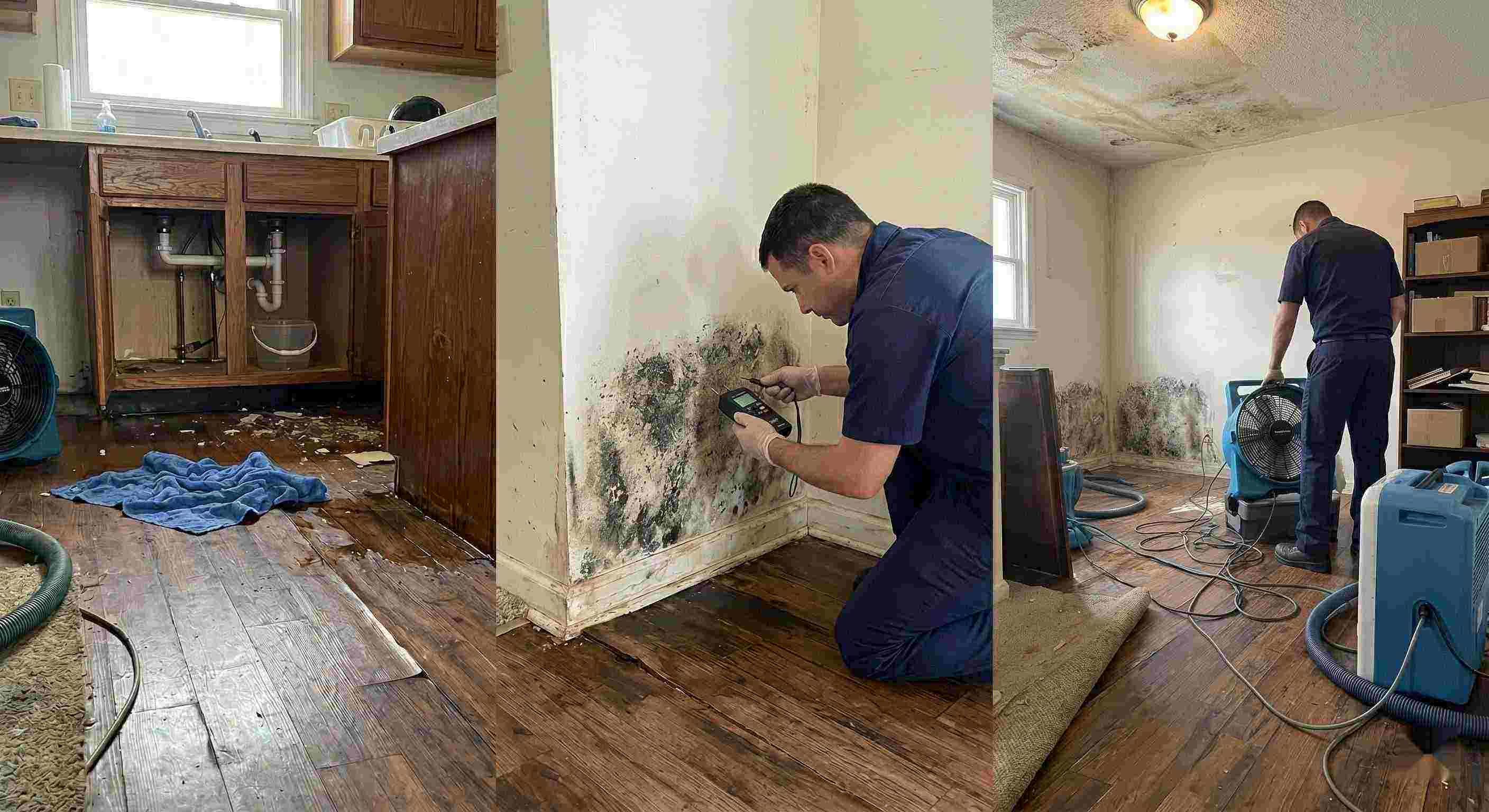 Realistic photo of water leak damage inside a home, showing pooled water, damp flooring, and technicians performing leak damage restoration in Cincinnati.