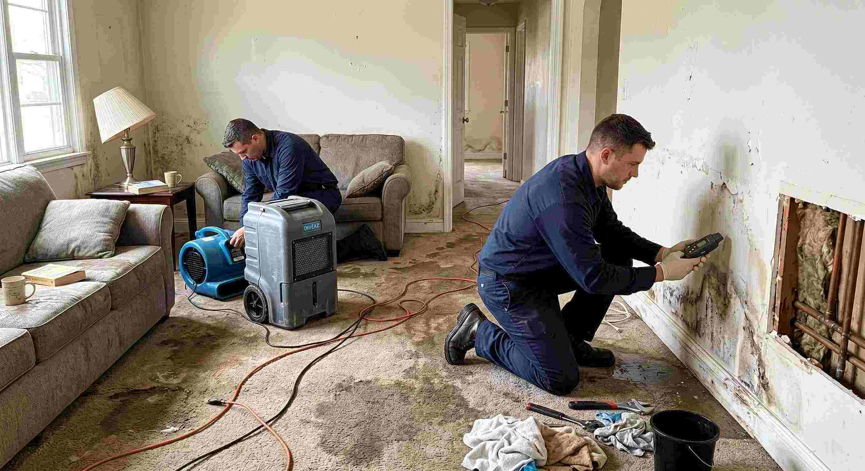 Realistic water leak damage repair scene in a residential home showing technicians locating and repairing a hidden pipe leak in Cincinnati.