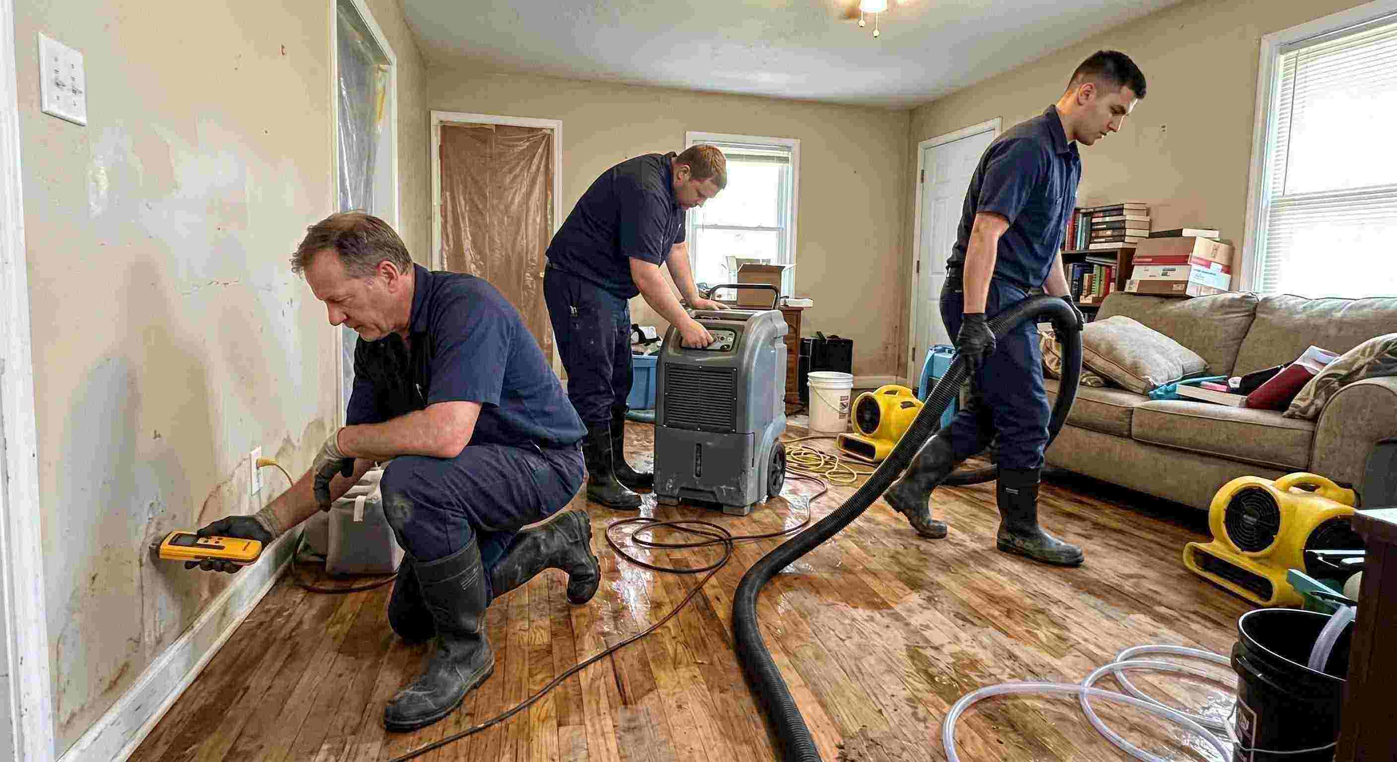 Local water restoration experts team using professional equipment during water extraction in Fairfield