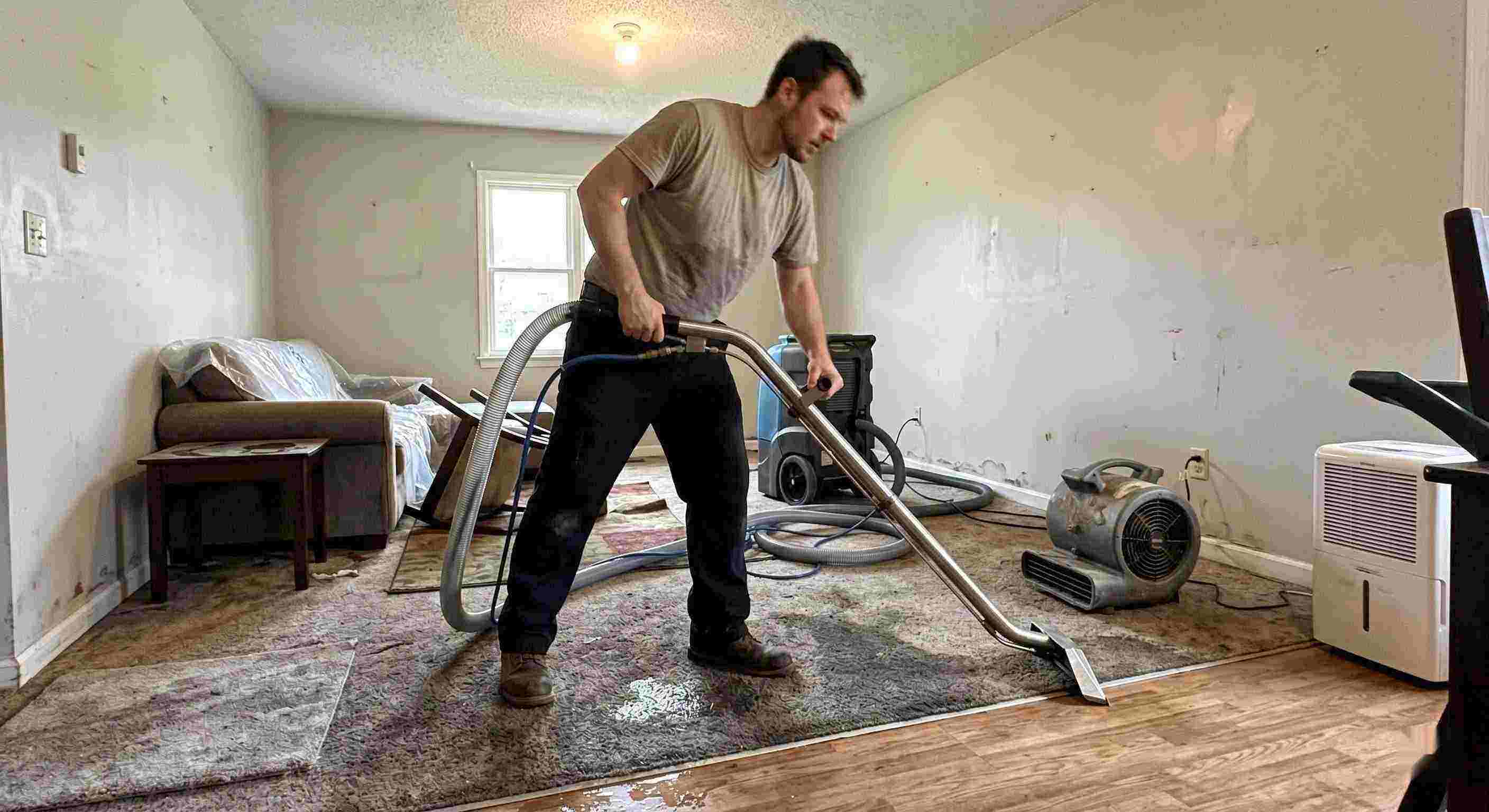 Fast water extraction technician removing water during restoration process in a residential home in Fairfield