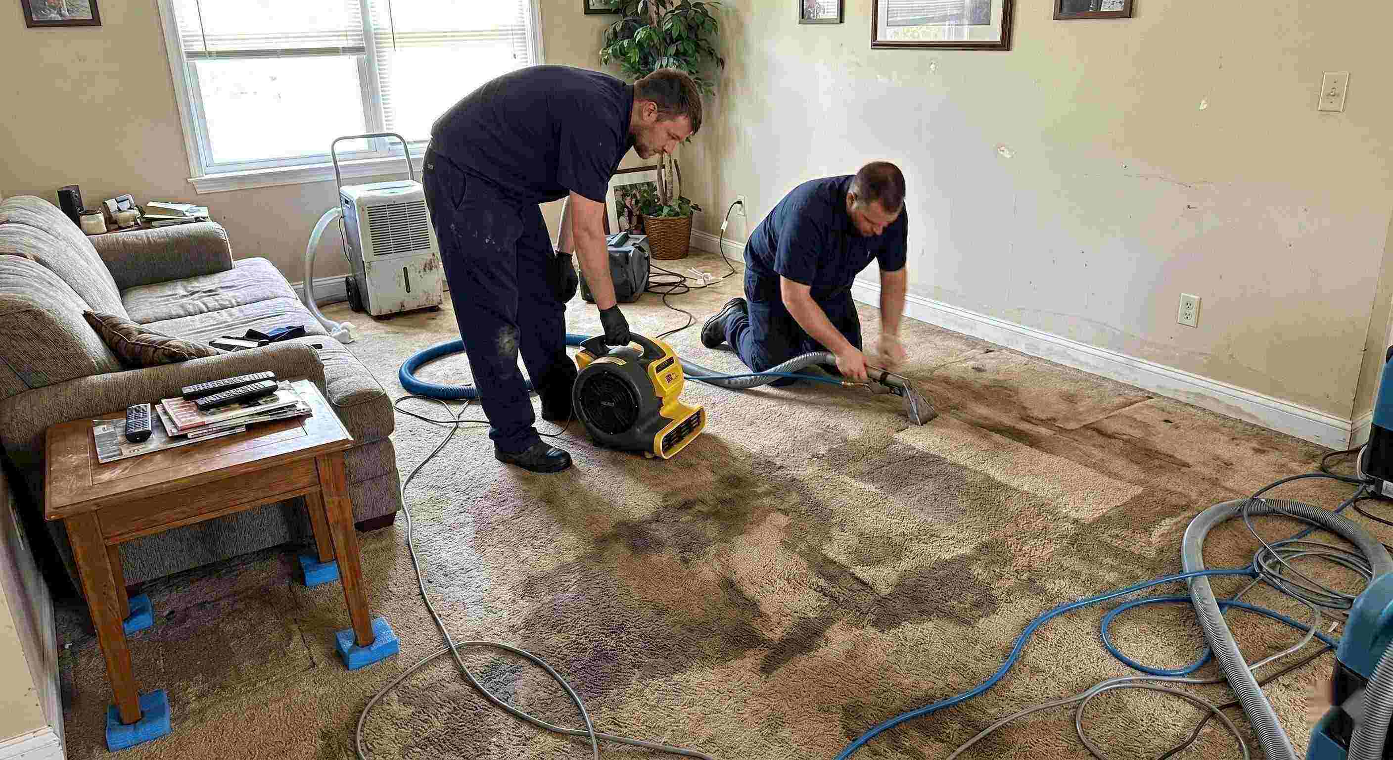 Reliable wet carpet cleanup service in Fairfield removing moisture from soaked residential carpet using extraction and drying equipment