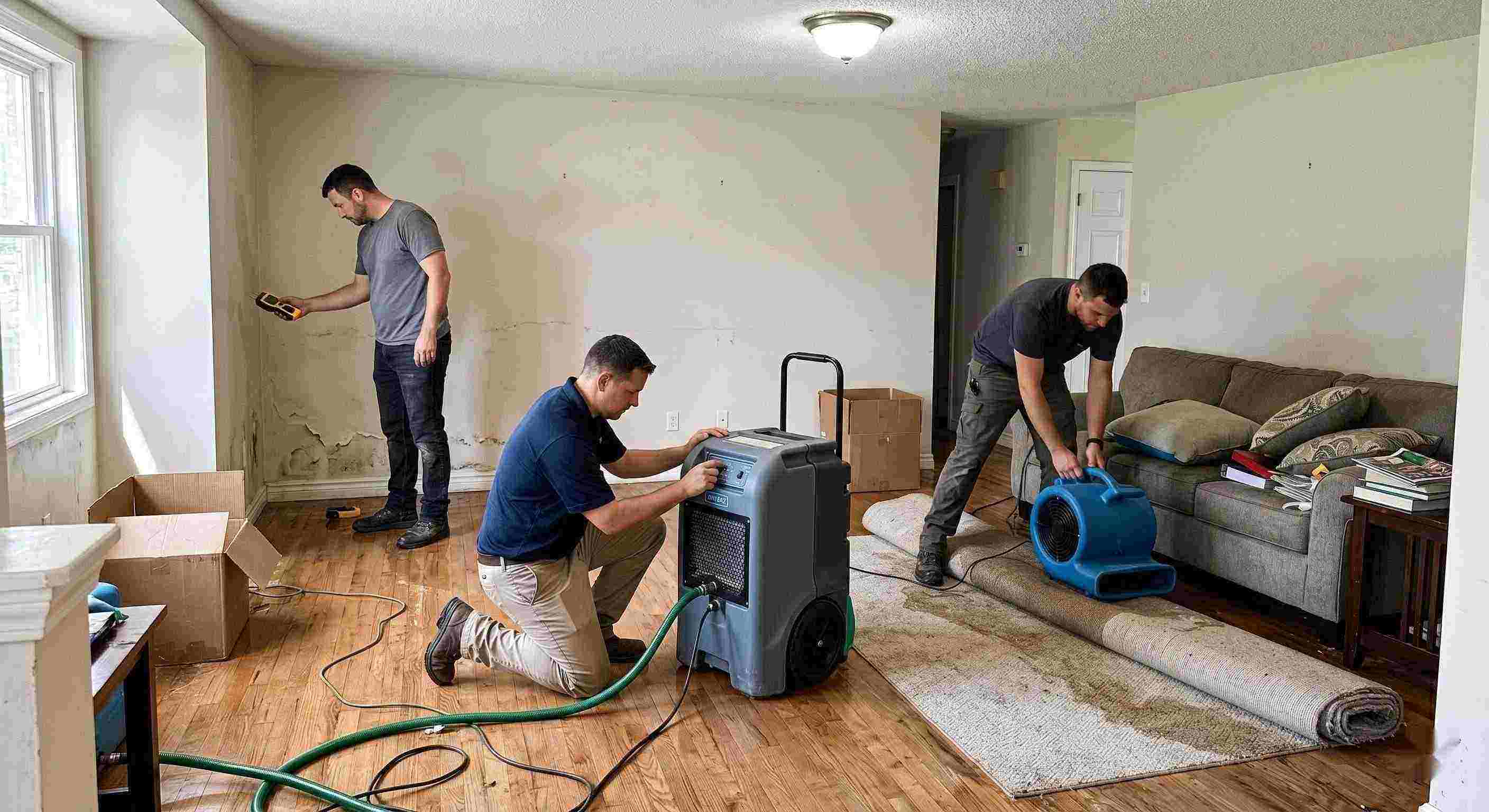 Local flood restoration team working in a water-damaged home, showing equipment and hands-on cleanup process in Kettering