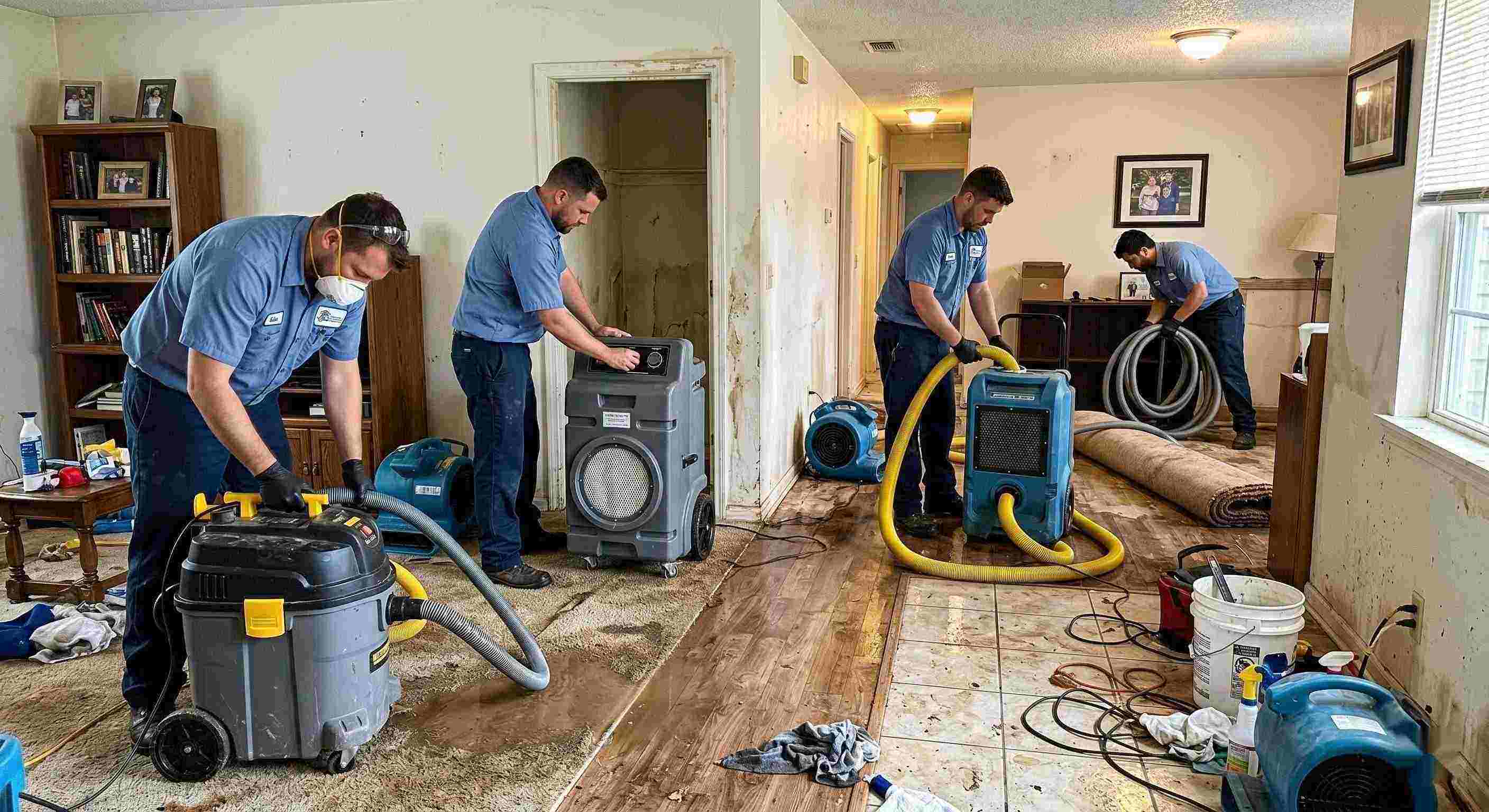 Realistic photo of sewage backup cleanup team using professional equipment in a home interior, showing trust, teamwork, and proper restoration techniques in Cincinnati.